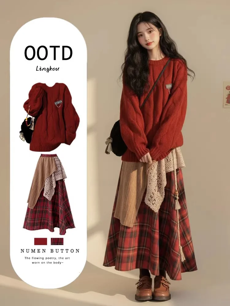 

Red Knitted Sweater And Skirt Set Women's Winter Faion Ensemble High Waist Long Pants Warm Long Sve round Ne Loose Fit