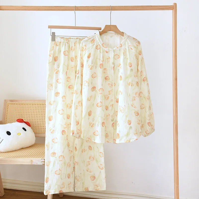 

100% Cotton Gauze Women Pajamas Polka Dot Print Sleepwear 2025 Spring Female 2 Piece Set Nightwear Lady Pyjamas Loungewear