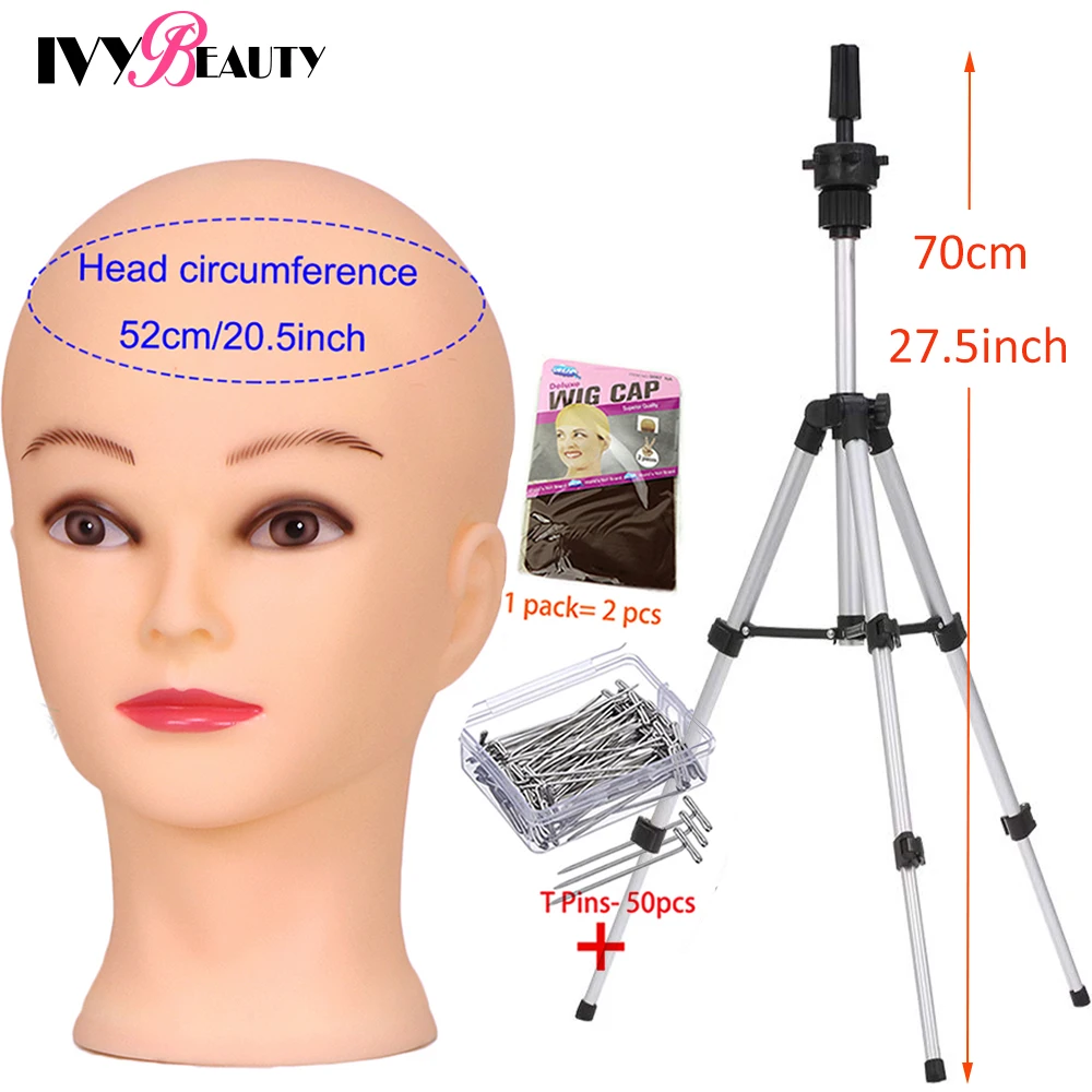 Bald Mannequin Head With Stand Tripod Silver For Mannequin Wigs 70Cm Adjustable Tripod Wig Stand With Mannequin Wig Making Kits