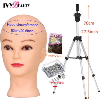 Cabeza de maniquí calva con soporte, trípode plateado para pelucas de maniquí, trípode ajustable de 70Cm, soporte para pelucas con Kits de fabricación de pelucas de maniquí