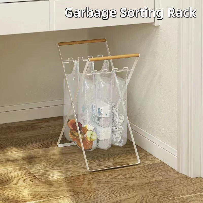 Metal Trash Bag Holder With Wood Handle Portable Kitchen Garbage Sorting Rack Separate Recycling Waste Bin For Camping