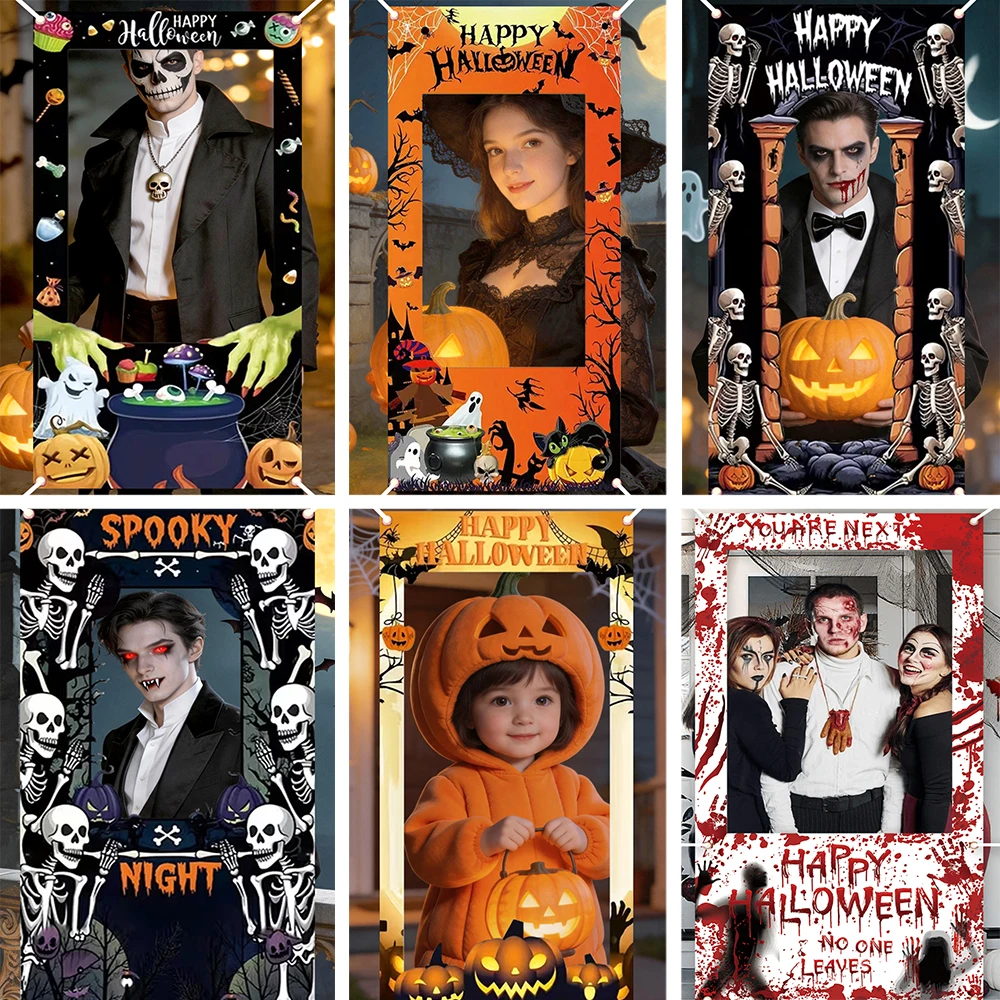 

Happy Halloween Photo Booth Frame Door Cover Photography Backdrop Kids Adult Party Shooting Photo Background Banner Supplies