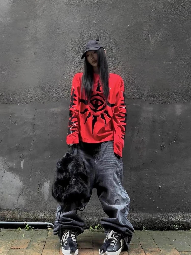 Y2k القوطية الأمريكية خمر كم طويل تي شيرت المرأة عادية الشارع الشهير طباعة القمم س الرقبة Harajuku ريترو سليم 2025 الخريف