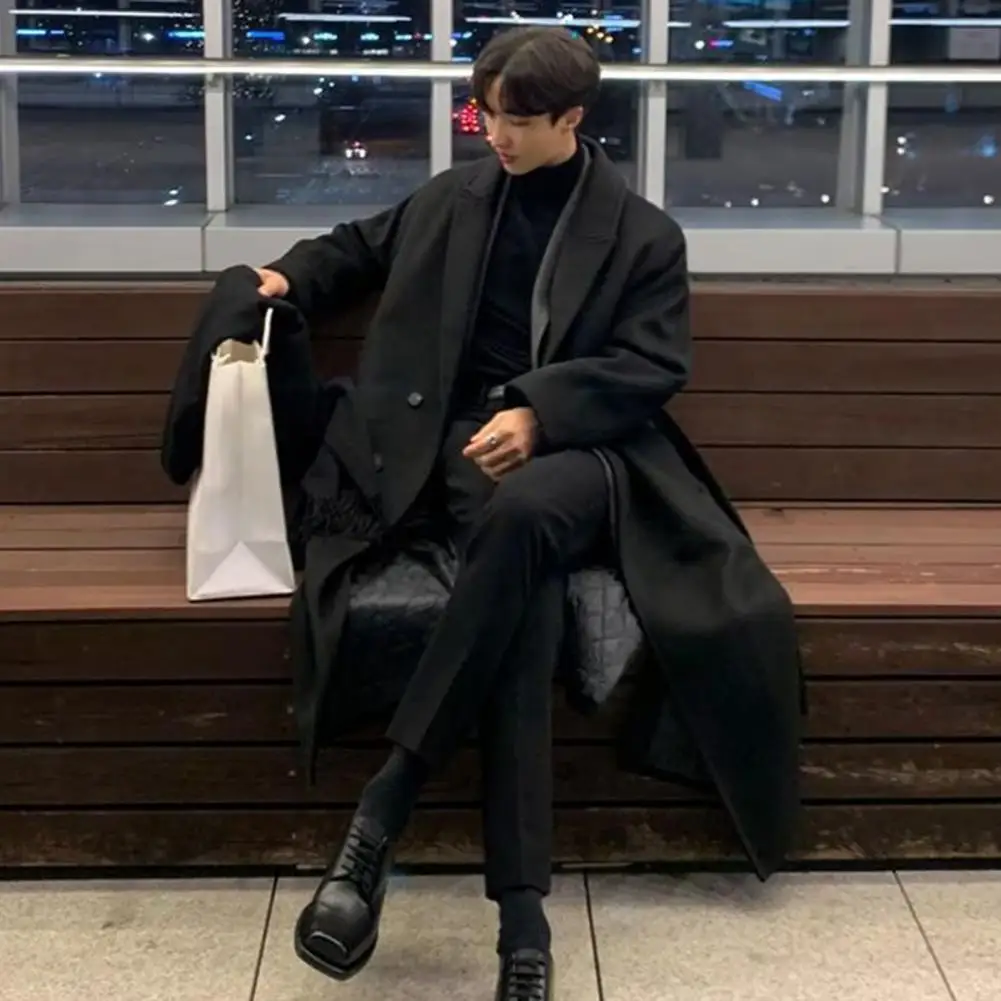 

Korean Style Men Woolen Coat Lapel Double Breasted Mid-length Woolen Coat 2024 Spring Fashion Trench Coat Windproof Woolen Coats
