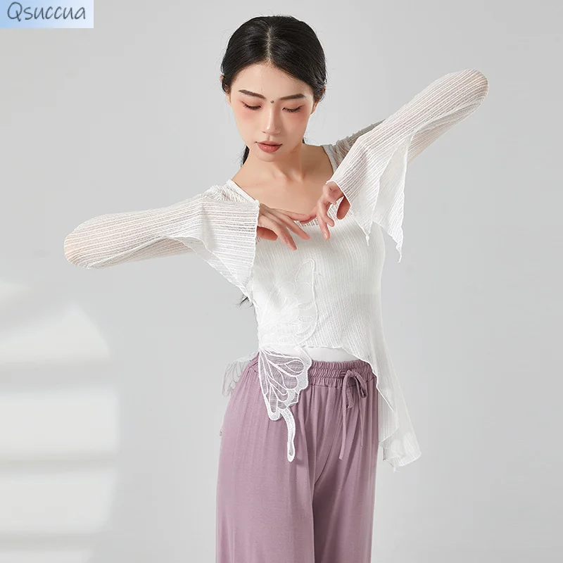 Classical Dance Butterfly Shadow White Top, New Lace Butterfly Slim Flared Sleeve Practice Clothes