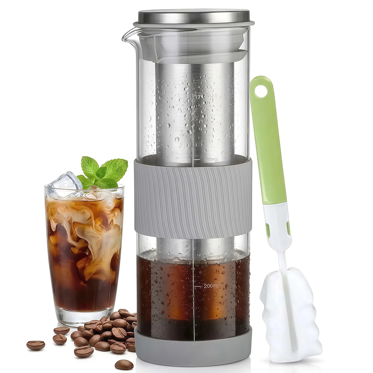 800ml/27.05oz Portable Cold Brew Coffee Maker with Stainless Steel Filter and Cleanning Brush for Ice Coffee, Lemonade, Ice Tea
