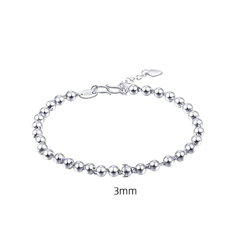 Real Pure Platinum 950 Chain Women Gift 3mm Smooth Glossy Beads Link Bracelet 4.5g