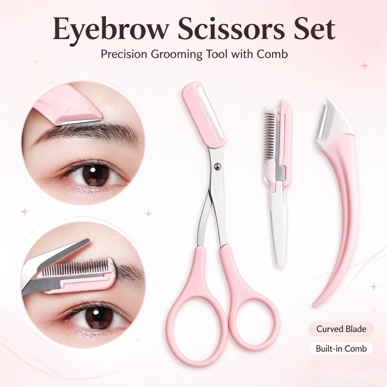 Eyebrow Trimmer Set for Beginners, 4 in 1 Curved Razor Scissors Comb Grooming Kit, Safe Portable Eyebrow Shaper Tools for Women Men Daily Travel