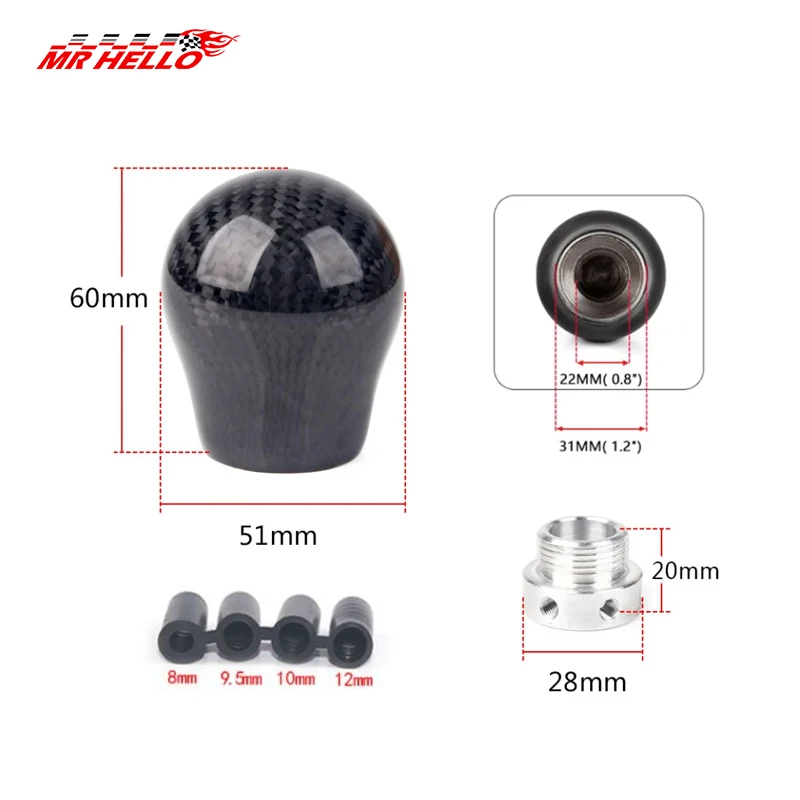 Universal Carbon Fiber Gear Shift Knob Manual Transmission Gear Stick Head Shifter Lever Handle With Limiter Adapter