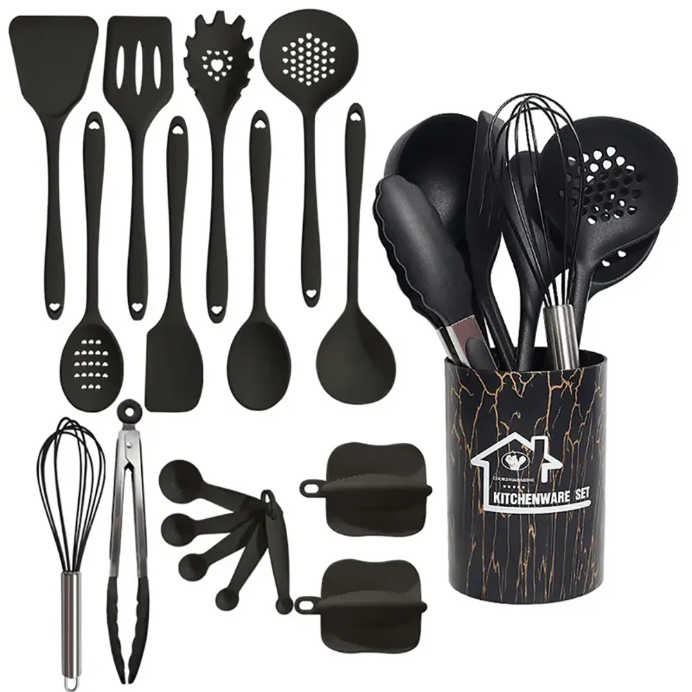 Black 18Pcs Food Grade Silicone Kitchen Cookware Utensils Home Spatula Measuring Spoon Practical Cooking Tool Kitchenware Set