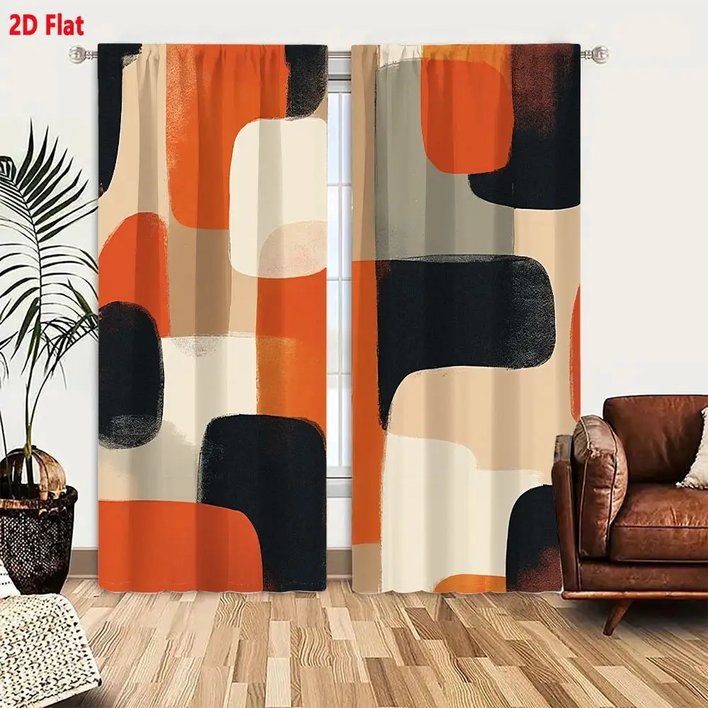 2Pcs Curtains 2D Flat Abstract Artwork Featuring Organic Shapes In Burnt Orange Beige And Gray Mid-Century Modern Composition Wi