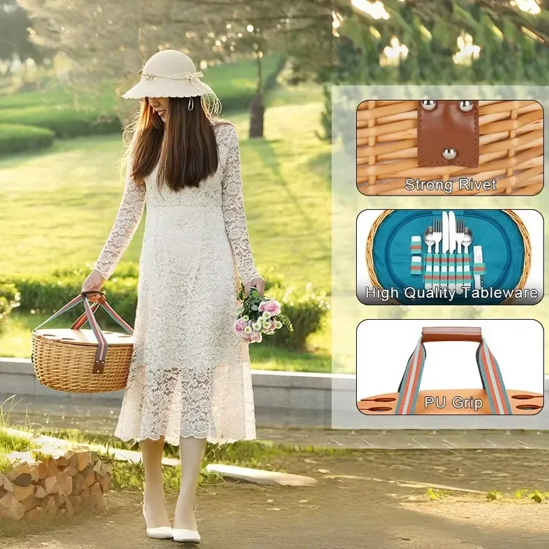 Girly Picnic Baskets Cane Basket Hander Plastic Lid Mini Lids Hamper Lined Wicker Wood Woven Chip Cooler Foldable Insulated view 4