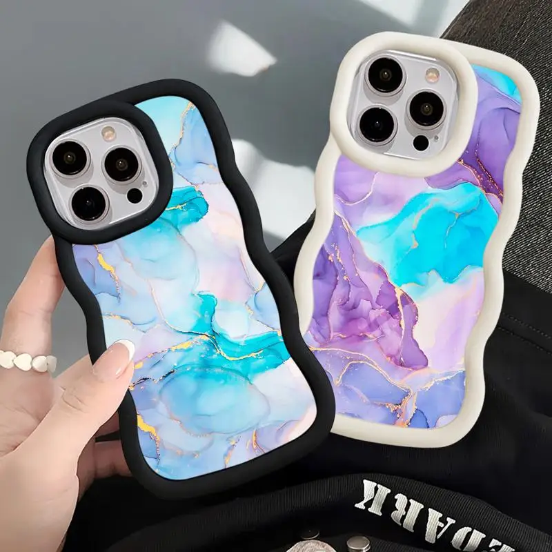 Luxury Purple Blue Marble Art Macaron Waves Phone Case for iPhone 16 15 14 13 12 11 pro Max XS X 7 8 plus Silicone Candy Cover