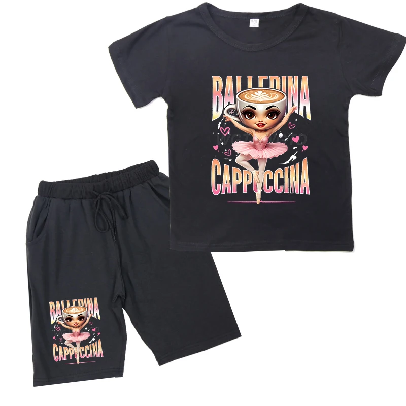 

2pcs Italian Brainrot T-shirt Shorts Set Cartoon Cute Short Matching Sets Ballerina Capuccina Funny Girl Summer Fashion Clothes