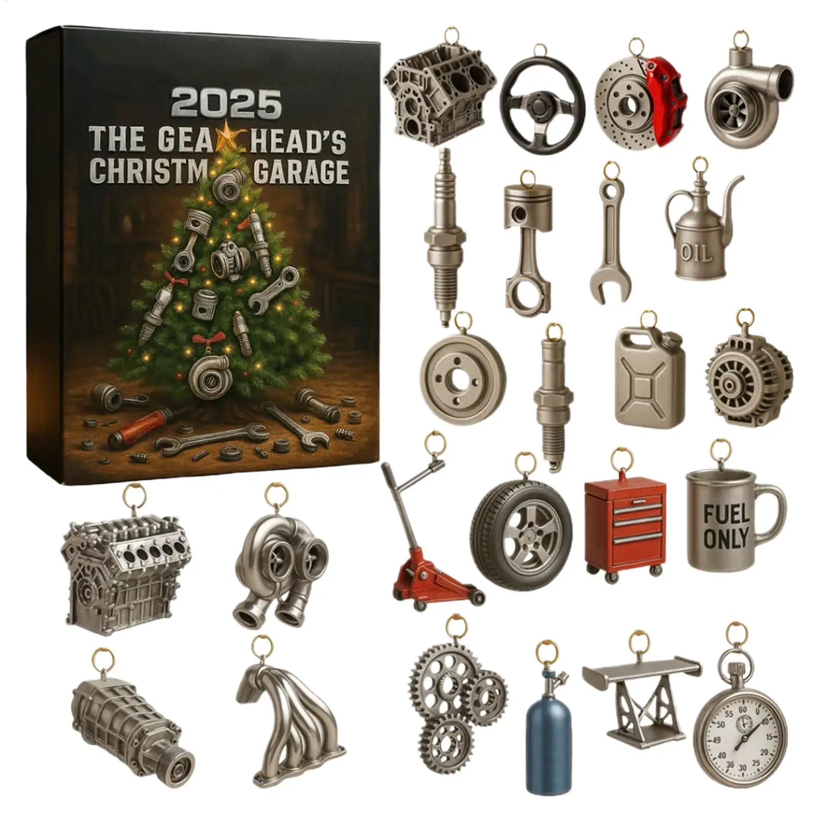 

2D акриловый рождественский гаражный инструмент, подвеска, 24-дневные мини-автомобильные детали и инструмент, календарь обратного отсчета, подвеска для рождественской елки для любителей автомобилей