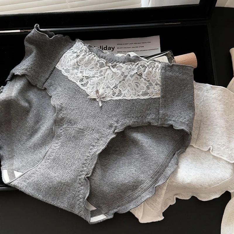 SP&CITY Süße Mädchen-Spitze, Schleife, Rüschen, niedliche Höschen für Damen, mittlere Taille, atmungsaktive Baumwollunterwäsche, weicher, bequemer, nahtloser Slip