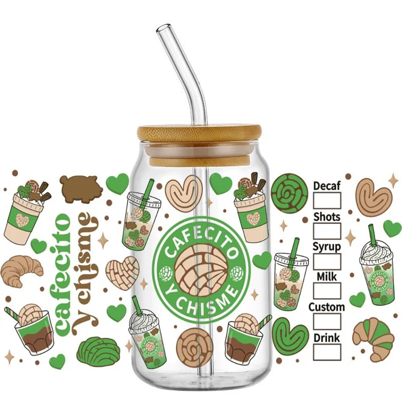 Cafecito Y Chisme UV DTF Cup Wraps Transfer Stickers for 16 oz Glass, Waterproof Coffee Series Decals with UV DTF Cup Wrap