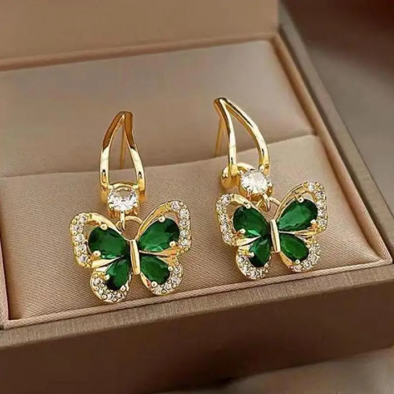 Pendientes de Plata 925 con Cristal Verde Vintage y Mariposa, Joyería para Mujer, Tendencia 2026, Pendientes de Lujo con Circonita para Mujer