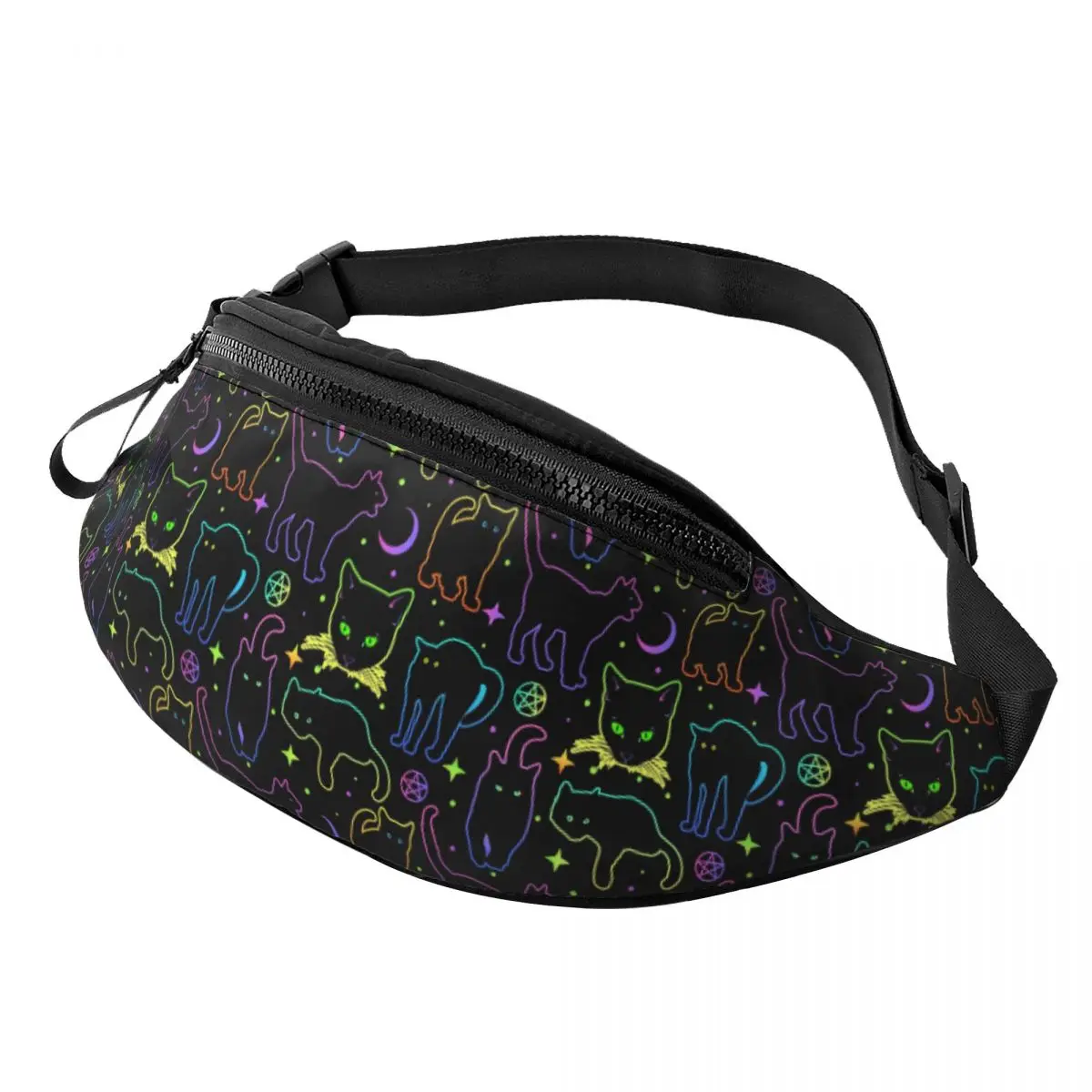 Custom Cartoon Halloween Witchcraft Black Cat Fanny Pack Men Women Crossbody Waist Bag for Camping Biking Phone Money Pouch