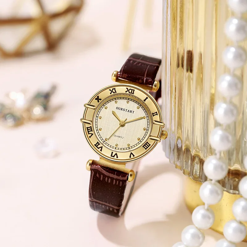 Reloj de cuarzo de lujo de alta calidad para mujer, relojes dorados con números romanos, esfera con números, relojes de cuero Vintage para mujer, reloj de pulsera para mujer