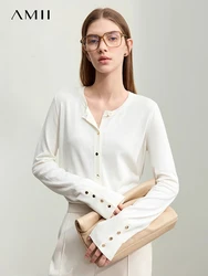 AMII Minimalism Cardigan For Women 2024 Spring New Commuter Solid Round Neck Silk Single-breasted Wool Knit Jumpers 12441078