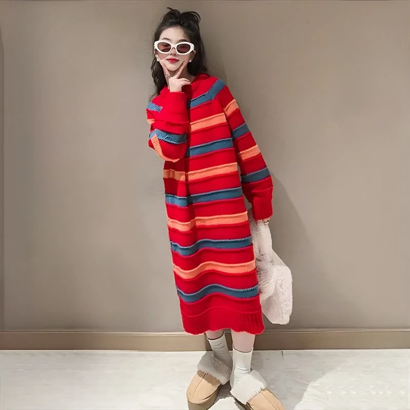 

Girls Knitted Dress Autumn Winter Kids Christmas Costume Fashion Red Striped Mid-length Casual Dresses for Children's Clothing
