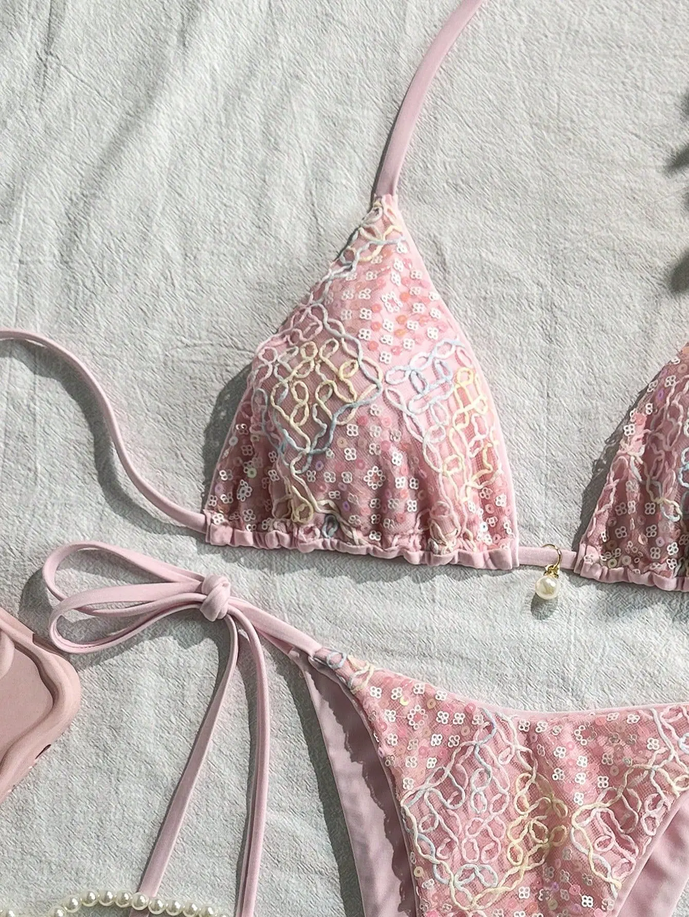 Pink Flower Emboss Solid Swimwears Halter String Triangle Bikini Micro Thong Sexy Swimsuit Women 2026 Bathing Suit Bikinis Sets view 5