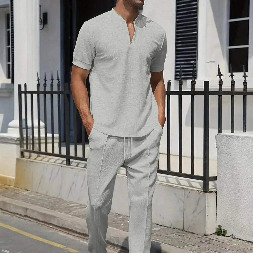 Solid Color Men Suit Men's Casual Two-piece Outfit Set with Stand Collar Zipper Top Elastic Waistband Pants for Everyday Wear