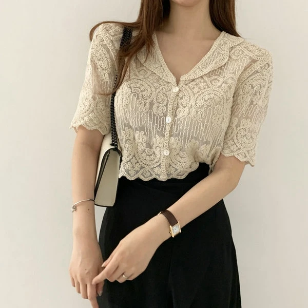 Sheer Embroidery Lace Blouse Cover Up Top Short Sleeve Button Front Cardigan Women Summer Boho Vacation Outfit