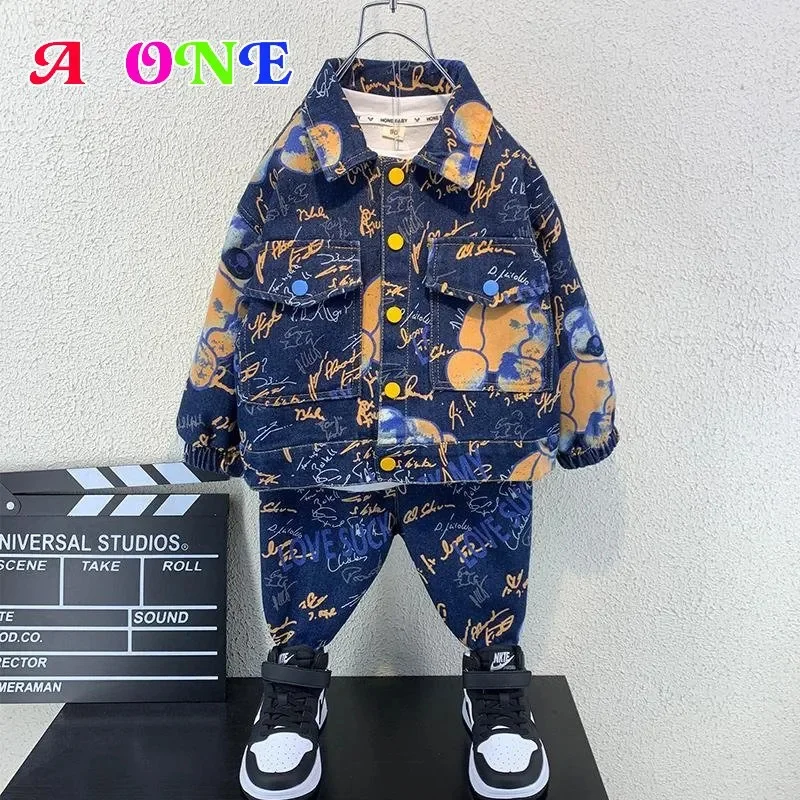 

toddler boy Denim set clothes baby suit kids clothing denim jacket + pants 2 pcs boys coat fashion leeter 2-12y