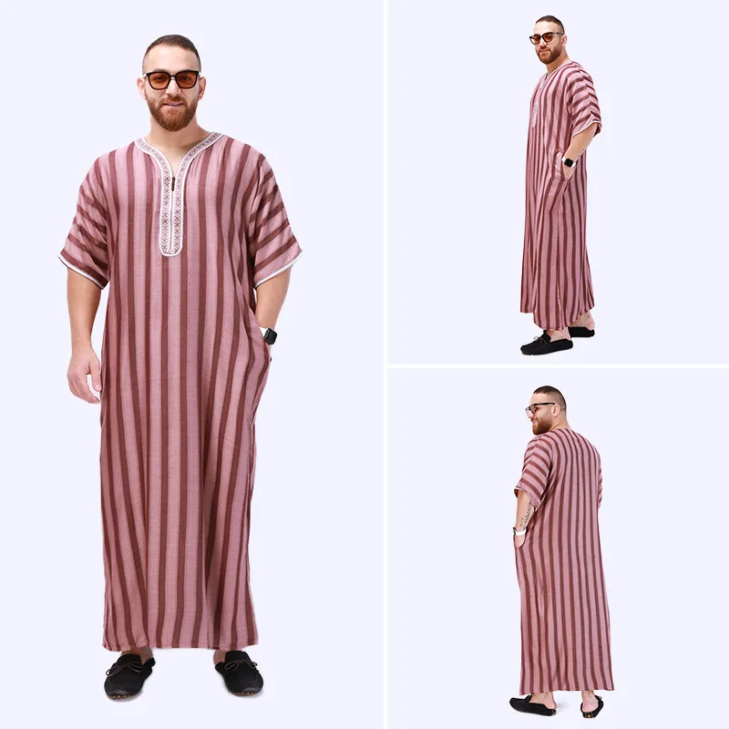 New Muslim Robes Men Jubba Thobe Stripes Short Sleeve Islamic Traditional National Loose Hombre Clothing Dubai Arab Kaftan Abaya