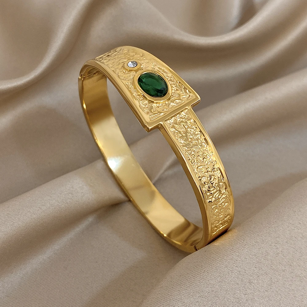 

DODOHAO Retro Green Zircon Stainless Steel Bracelet Women Luxury Open Spring Buckle Bangle Elegant Geometric Round Wide Bracelet