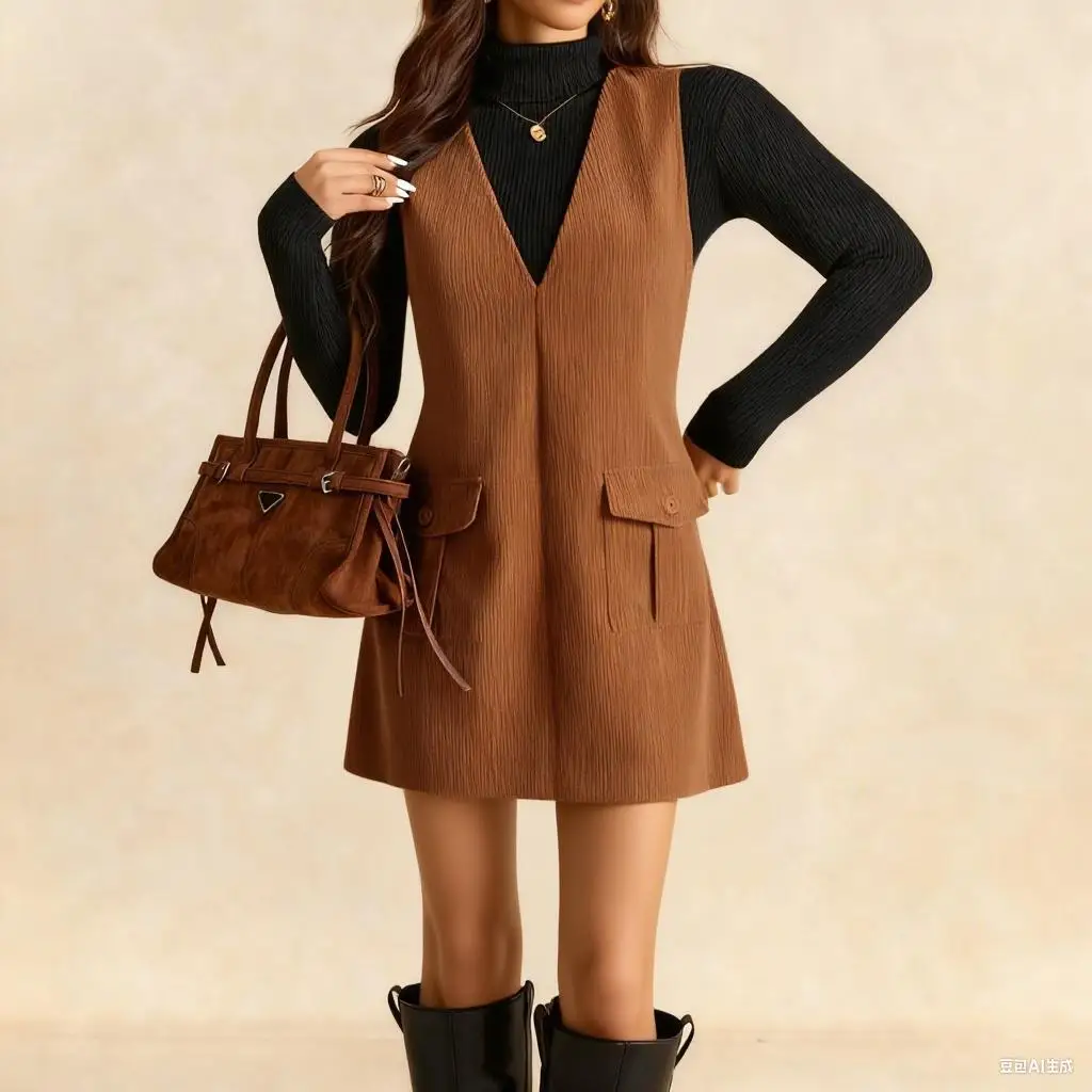 Women's Corduroy Deep V Neck Sleeveless Dress with Double Pockets, Elegant Simple Slim Fit Layering Vest Dress