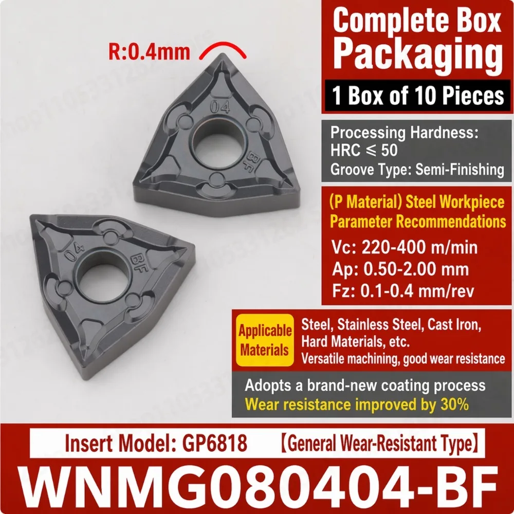 Carbide Turning Insert WNMG080404-BF, Rigon Tool for Stainless Steel, External CNC Lathe Cutter, 10pcs