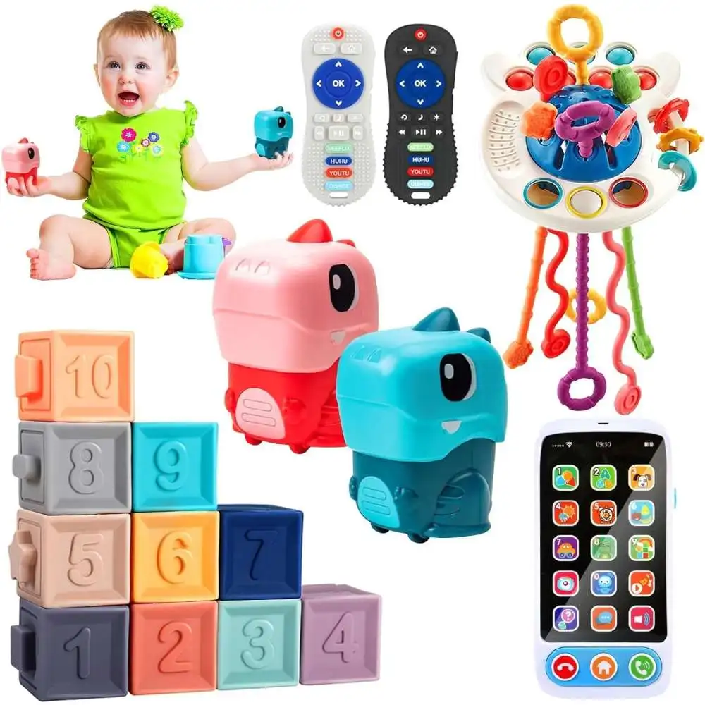 Montessori Baby Toysfor 6-36 Months - Pull String Teether, Analog Cell Phone, Sensory Shapes Simulation Remote Control