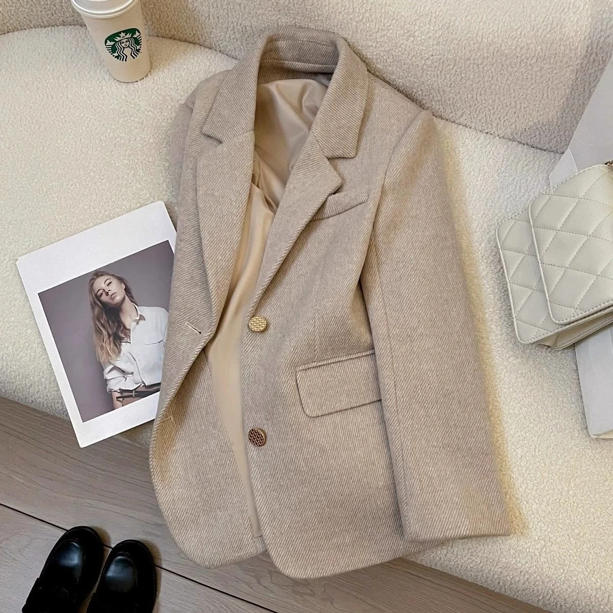 2026 Autumn Winter Women's Beige Gray Blazer British Style Chic Versatile Office Lady Elegant Fashion Suit Jacket