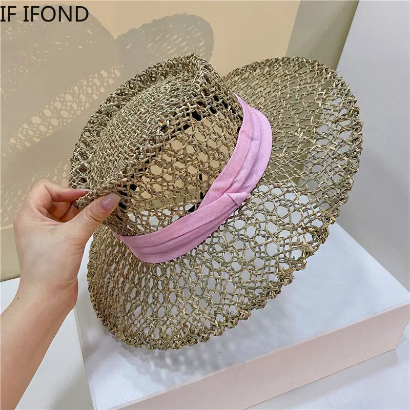 New Natural Grasses Straw Hats For Women Summer Flat Brim Beach Sun Hats Fashion Hollow Holiday Cap Chapeau Femme