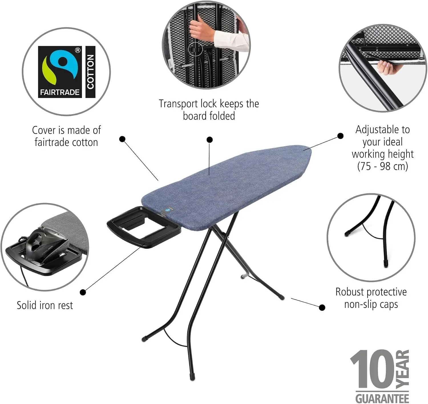 Brabantia XL Comfort Ironing Board with Solid Steam Iron Rest | Large (Size C) | Fairtrade Denim Blue Cover | Adjustable Height