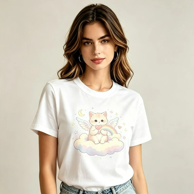 Women Angel Cat Rainbow Cloud Print T‑Shirt 100% Cotton Short Sleeve O‑Neck Cute Kawaii Casual Daily Streetwear Female Tee Tops