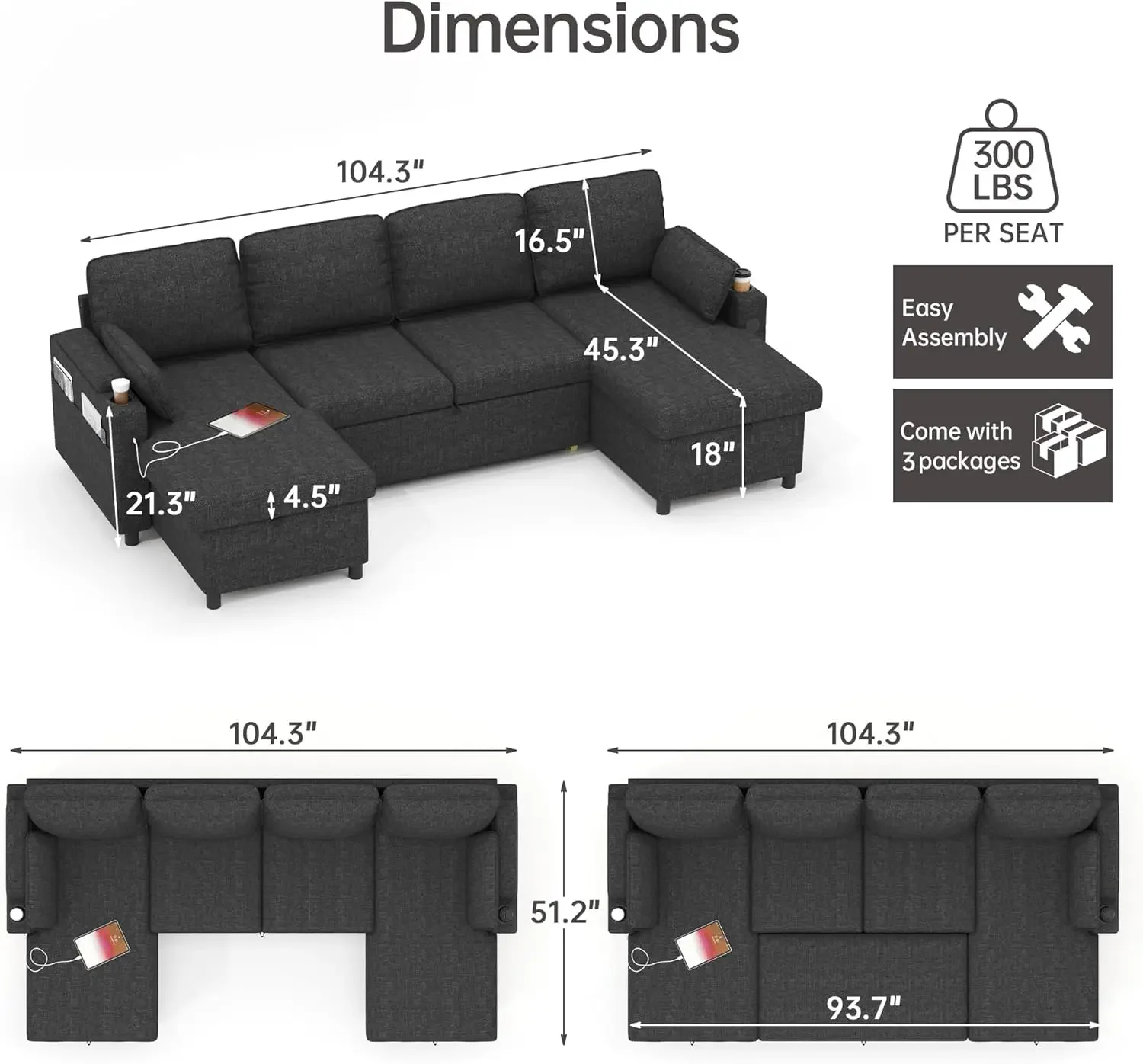 Sofa Bed Pull Out Couch Sleeper with Double Storage Chaise, U Shaped Convertible Sectional Sleeper Sofa for Living