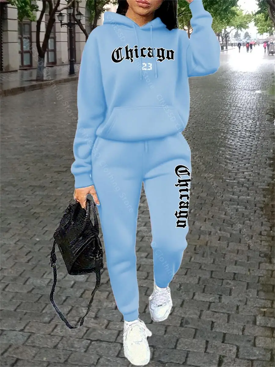 

CHICAGO Women Clothing Tracksuit Set Hoodies Pants 2 Piece Hoodies Pants Autumn Winter Streetwear Loose Fit Ladies Jogging Suit