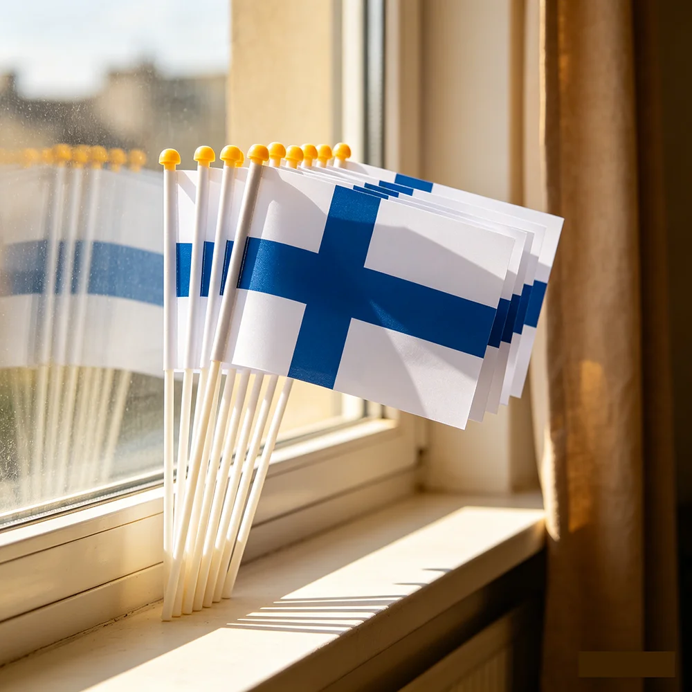 Finland hand flag 14x21cm Polyester Fade-Resistance Finland  Hand Waving Flag with Plastic Flagpole for Events