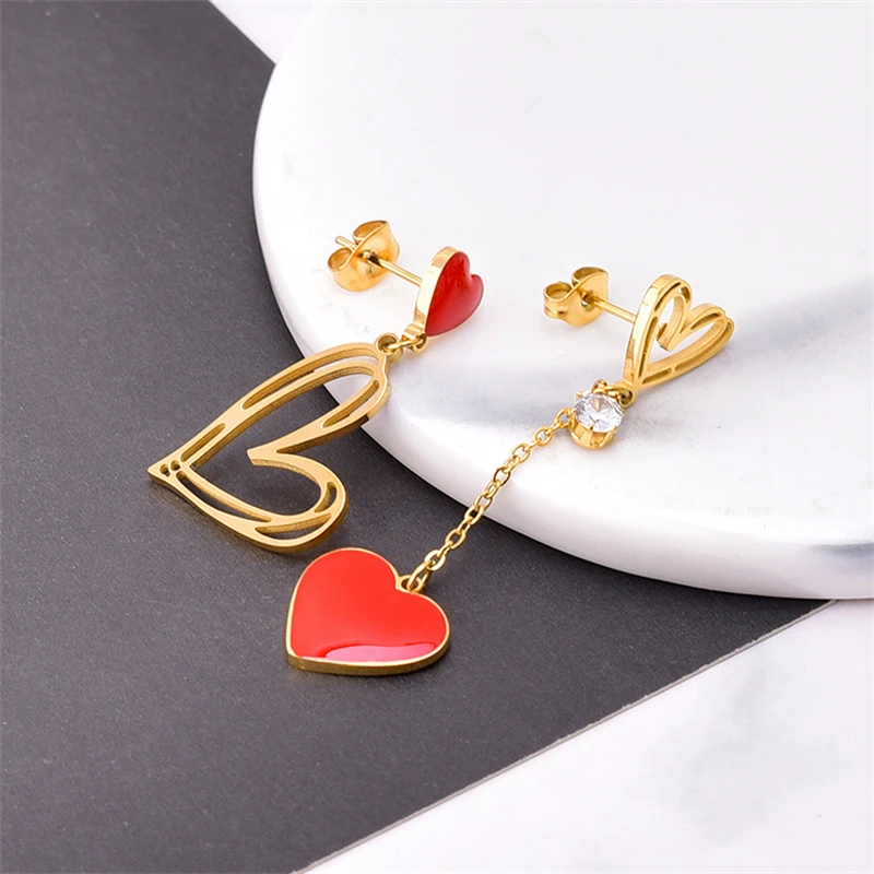 316L Stainless Steel New Fashion Fine Jewelry Hollow Asymmetric Zircon Love Heart Shaped Tassels Stud Earrings For Women Girl\'s