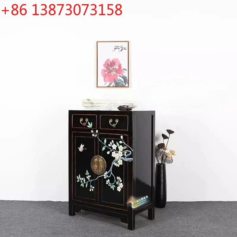 New Chinese-style painted flower and bird shoe cabinet solid wood hand-painted entrance retro side cabinet foyer cabinet