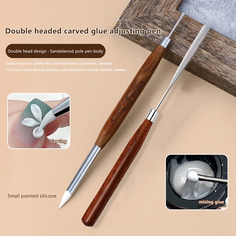 2 Pcs Professional Double-ended Silicone Head Carving Dotting Pen Sandalwood Handle Swirl Nail Painting Pen DIY Carving Pen Tool