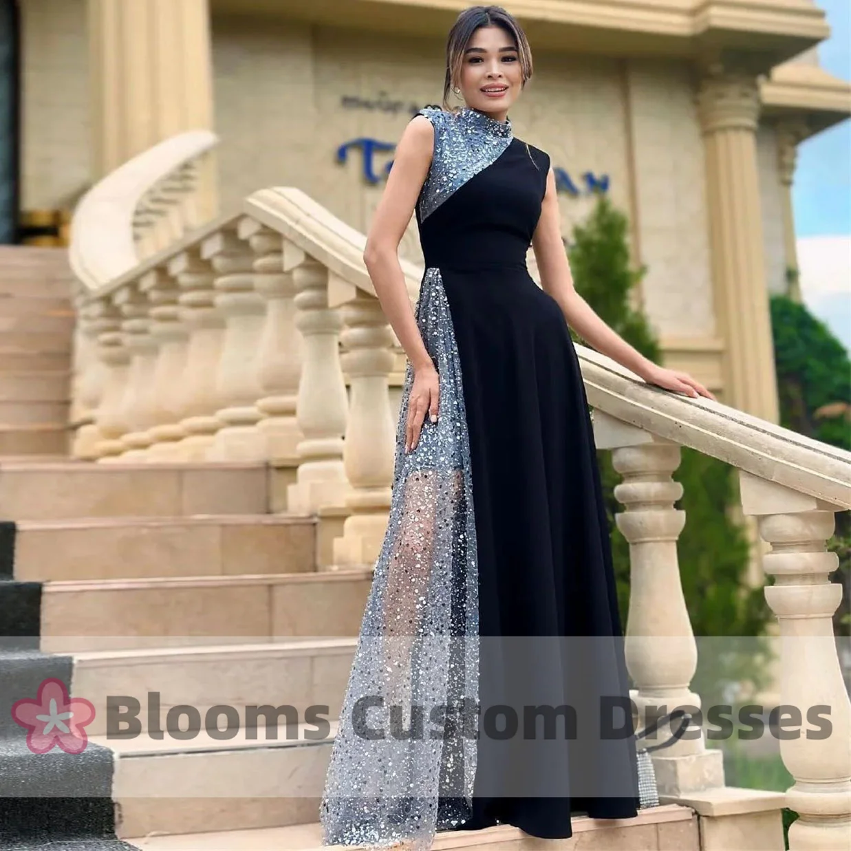 

Blooms Shiny Sequin Patchwork Black Prom Dress A-Line Sleeveless Party Gown See Through Wedding Formal Evening Dresses