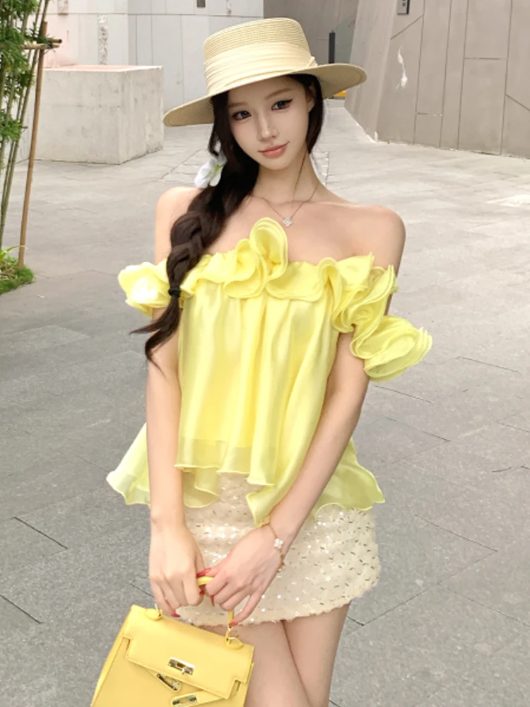 

Изысканная женская блузка из шифона с открытыми плечами и кружевной отделкой, свободного кроя, стройнящая, сексуальная, модная, для утонченных дам