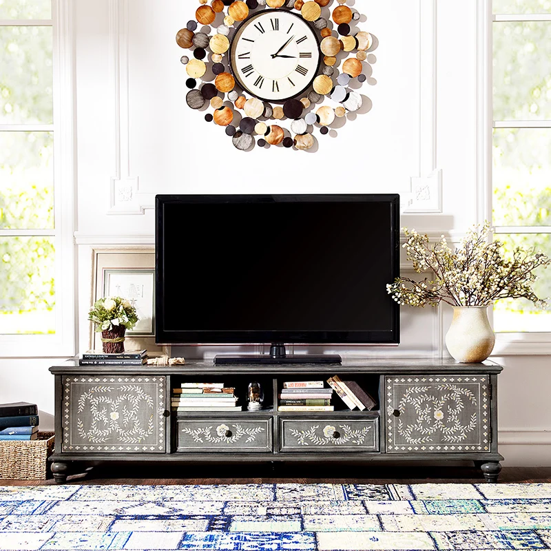 

Серая расписанная вручную расширенная гостиная, ТВ-шкаф, декоративный шкаф