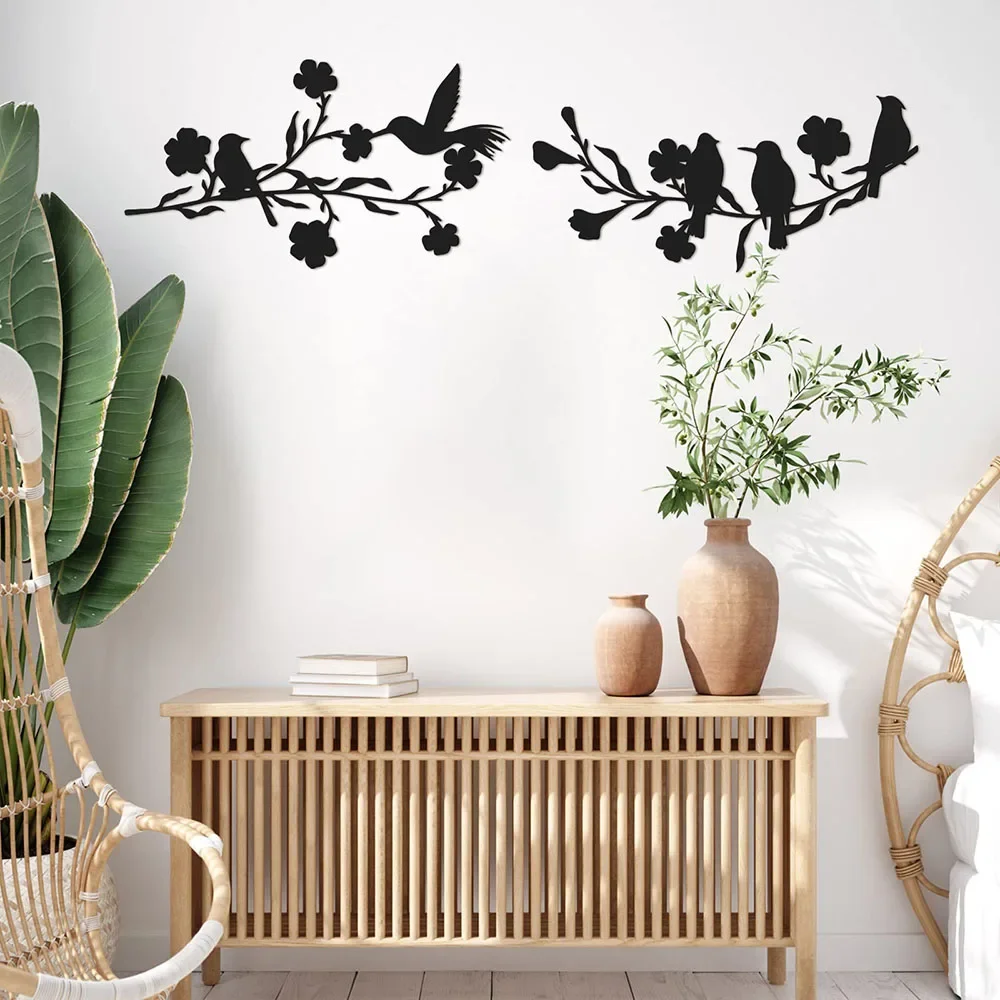 Birds on Branch Metal Sign Vintage Hanging Wall Art Decor Simplicity Black Cutout Garden Office Living Room Farmhouse Decoration