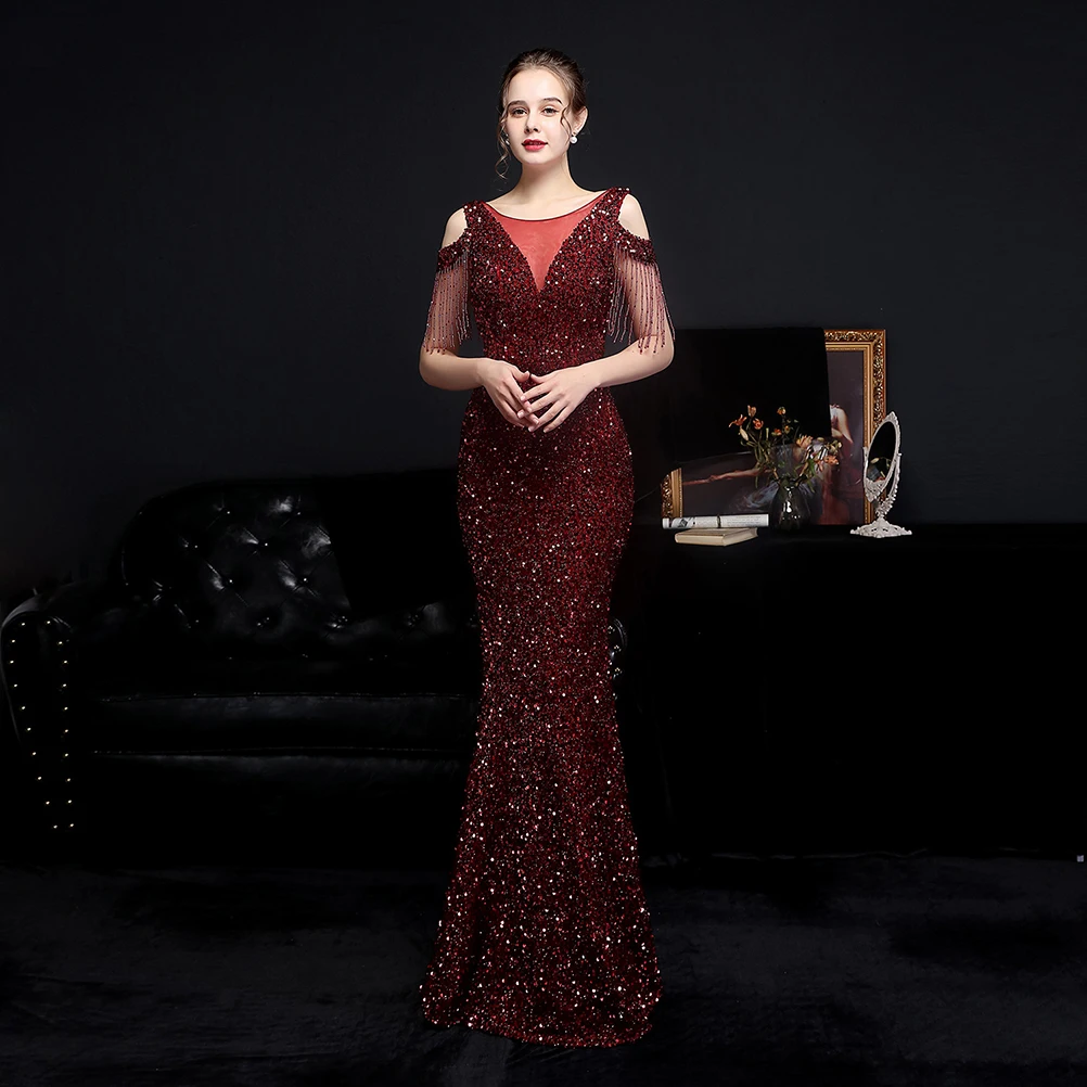 DEERVEADO Mermaid Off Shoulder Sequins Evening Dress for Woman Elegant Wedding Party Dresses Beading Special Occasion Dresses